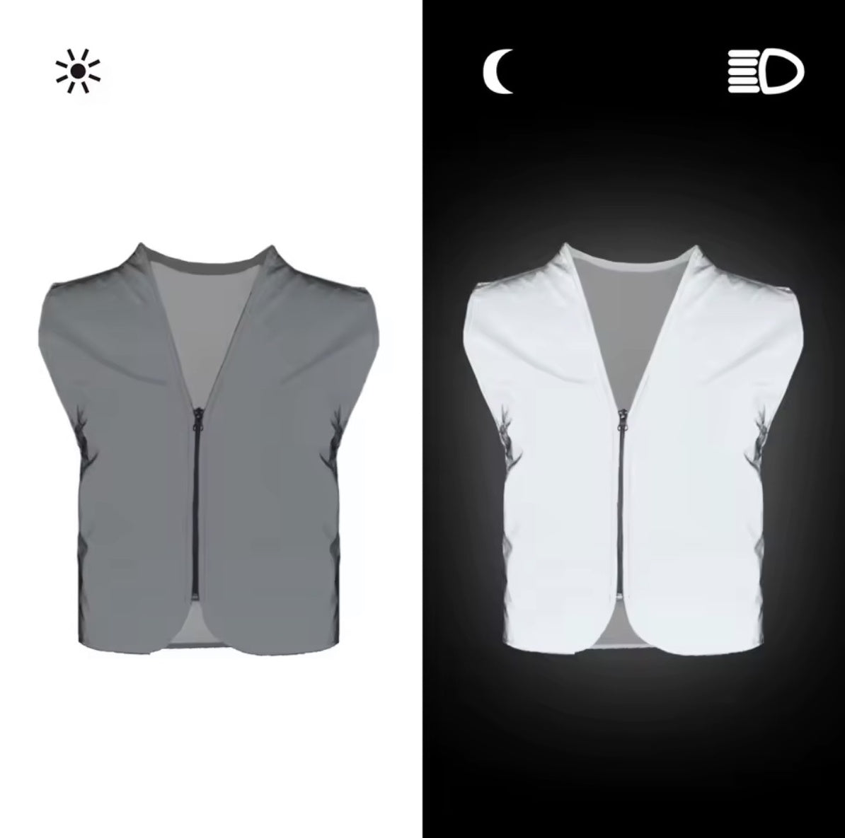 Gilet réfléchissant GlideSafely : gris en journée, blanc lumineux dans les phares la nuit