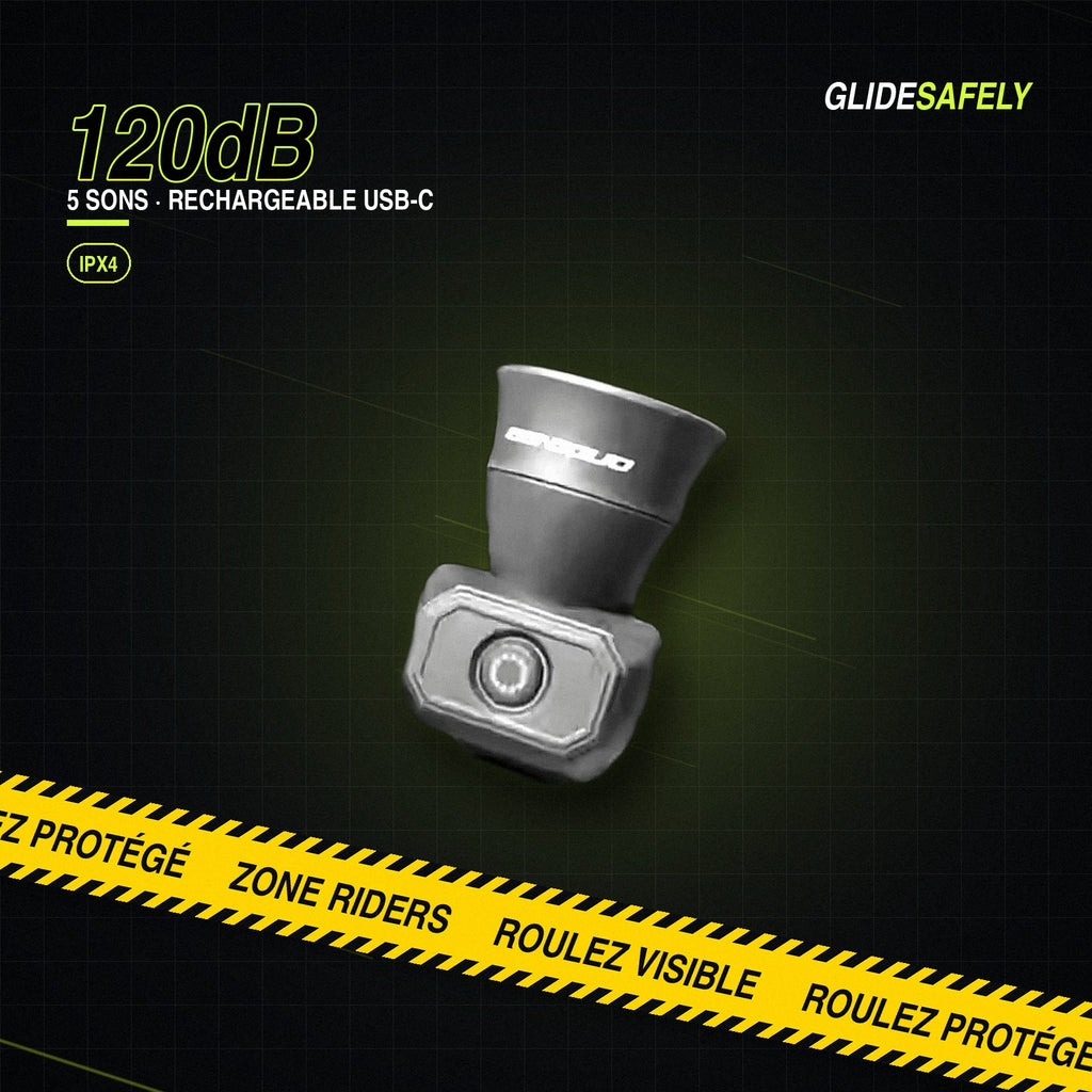 Klaxon électronique GlideSafely 120 dB, 5 sons, rechargeable USB-C, pour vélo et trottinette électrique