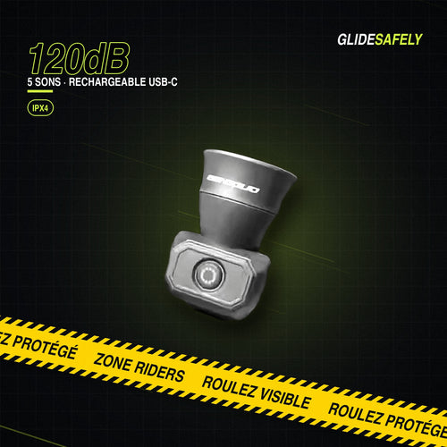 Klaxon électronique GlideSafely 120 dB, 5 sons, rechargeable USB-C, pour vélo et trottinette électrique