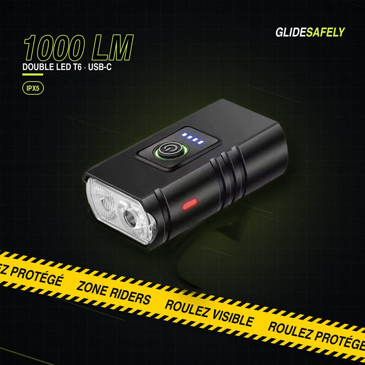 Lumière LED avant GlideSafely 1000 lumens, double LED T6, recharge USB-C, IPX5