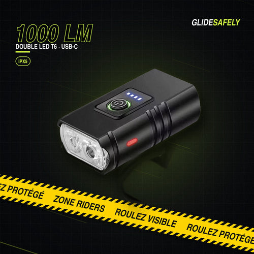 Lumière LED avant GlideSafely 1000 lumens, double LED T6, recharge USB-C, IPX5
